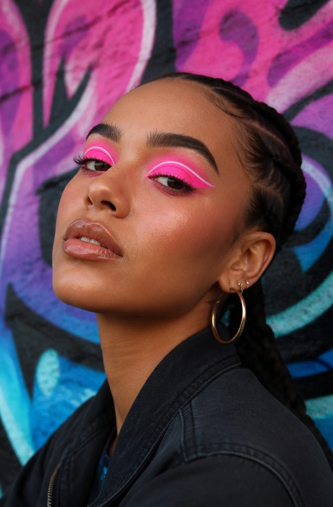 20 Cool Makeup Looks: Creative Ideas to Try in 2026 5 Model with neon pink cut crease and white liquid liner detail.