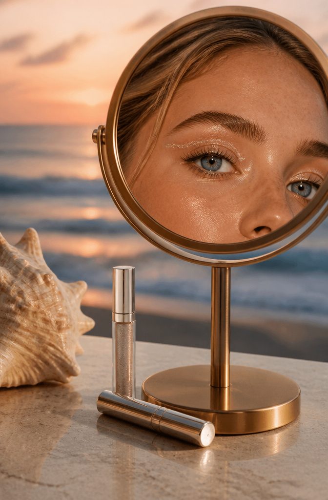 20 Cool Makeup Looks: Creative Ideas to Try in 2026 2 Model with striking blue eyes adorned with shimmer liquid eye shadow.
