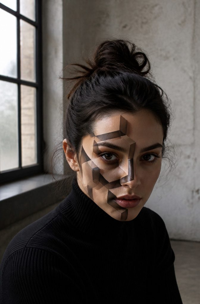 20 Cool Makeup Looks: Creative Ideas to Try in 2026 8 Model with intricate optical illusion makeup on her face.