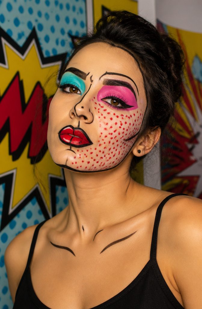 20 Cool Makeup Looks: Creative Ideas to Try in 2026 10 Model with vibrant pop art makeup resembling a comic book panel.