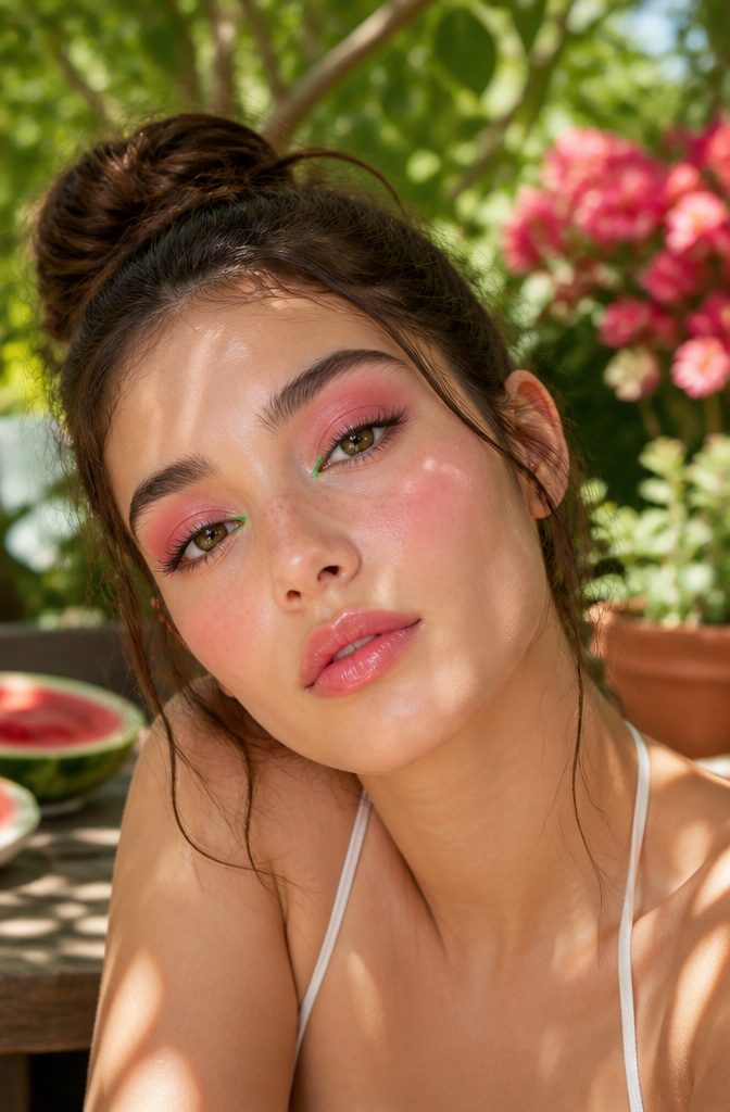 20 Cool Makeup Looks: Creative Ideas to Try in 2026 3 Model with pink eye makeup and green liner at the inner corner.