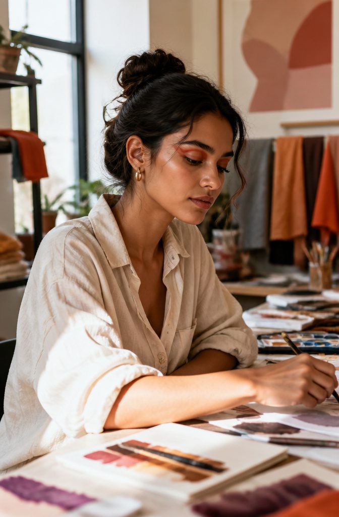 20 Cool Makeup Looks: Creative Ideas to Try in 2026 20 Model with wavy gradient eye makeup featuring rust and burgundy colors.