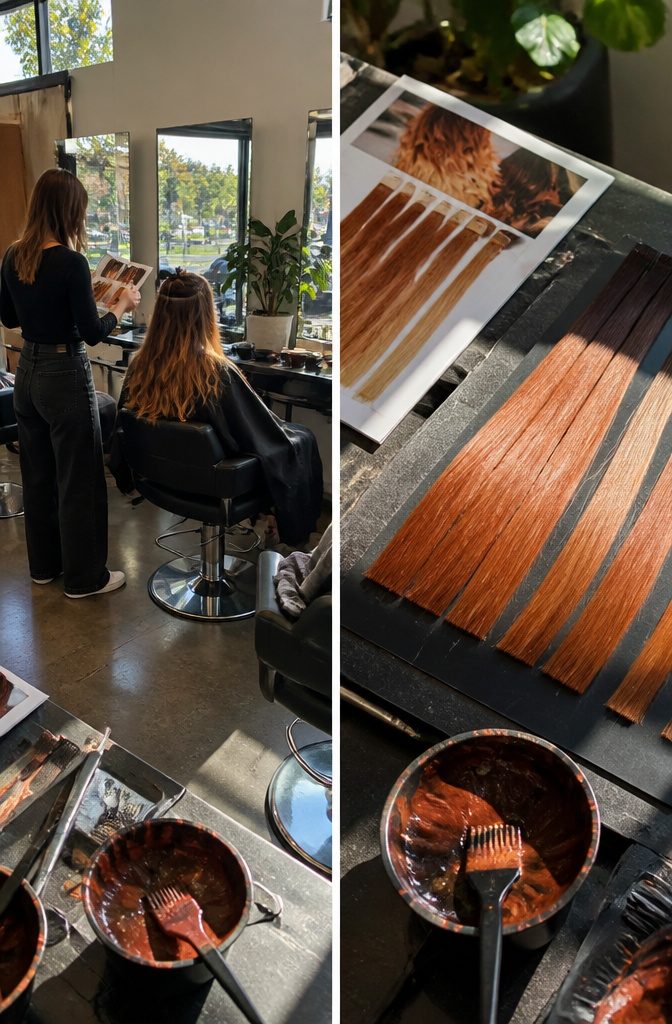 Cowboy copper hair after salon coloring with custom dimensional highlights