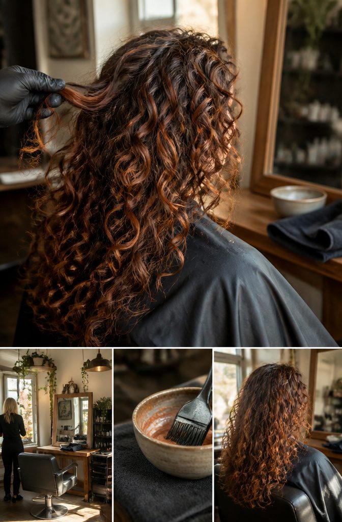 Curly hair with hand-painted copper highlights and darker lowlights
