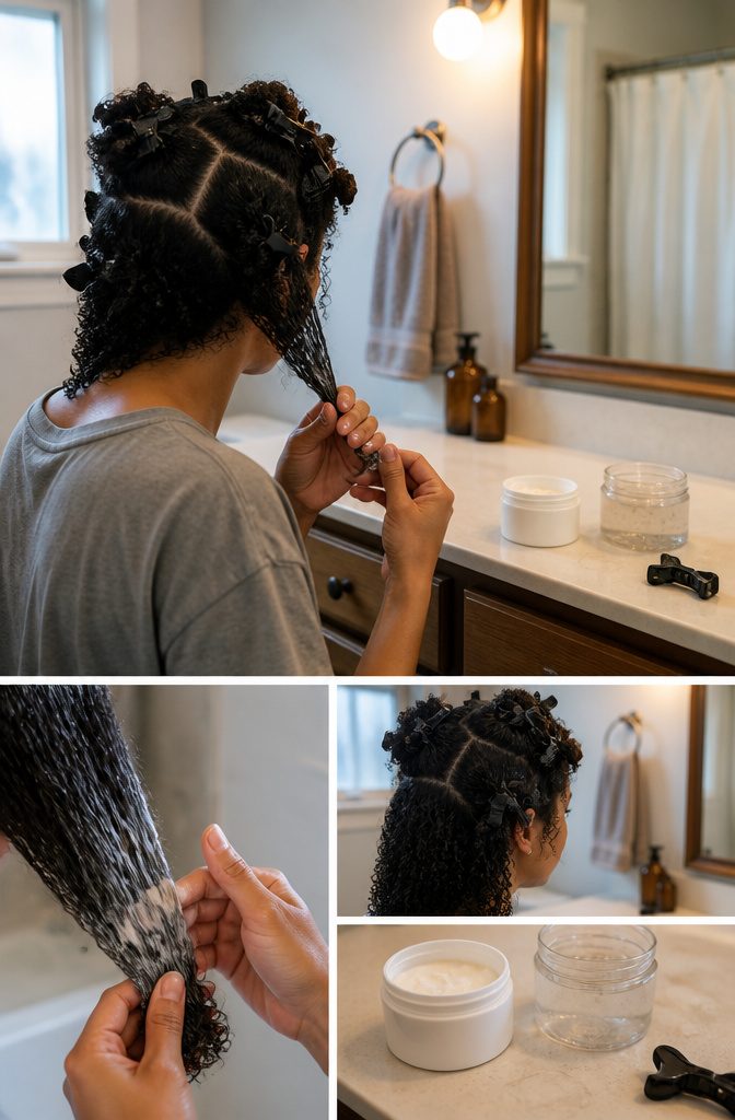 Damp curly hair divided into sections for product application