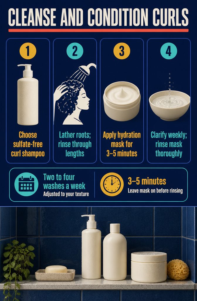 Curl care graphic titled Cleanse and Condition Curls