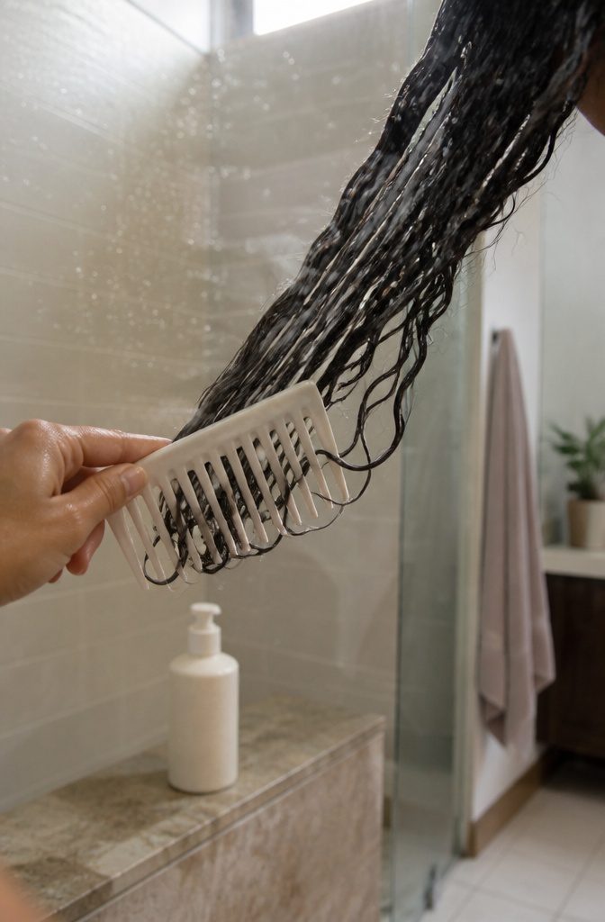 Wide-tooth comb detangling wet curls in soft loops