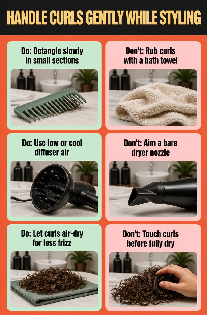Handle Curls Gently While Styling graphic about reducing friction