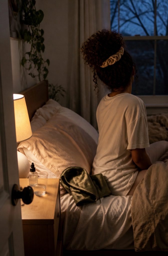 Curly hair in a loose pineapple beside a satin bonnet and serum
