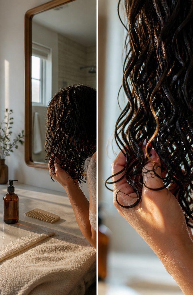 Hands shaping product-coated curls into defined clumps