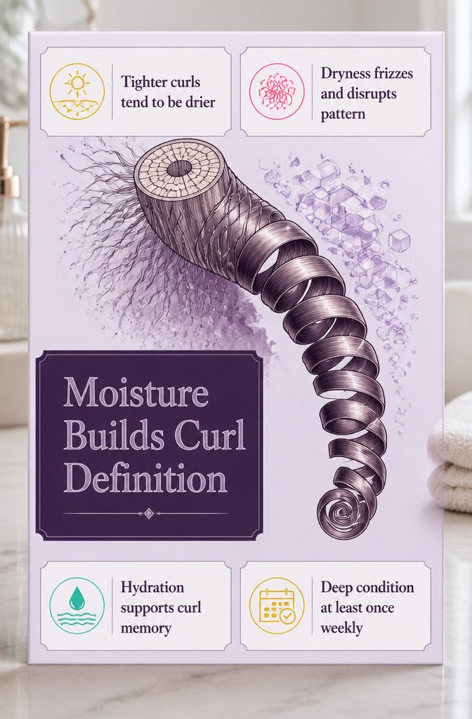 Moisture Builds Curl Definition graphic about hydrated curls