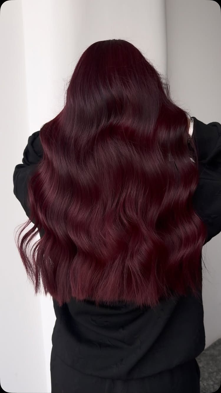 Dark Winter Hair Color: 9 Shades From Black to Burgundy 7 Long wavy hair in a deep red-violet black cherry color from behind.