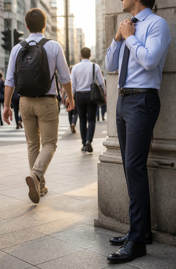 Chinos vs Dress Pants: 8 Clear Differences for 2026 8 A commuter wearing lightweight chinos in a busy cityscape.