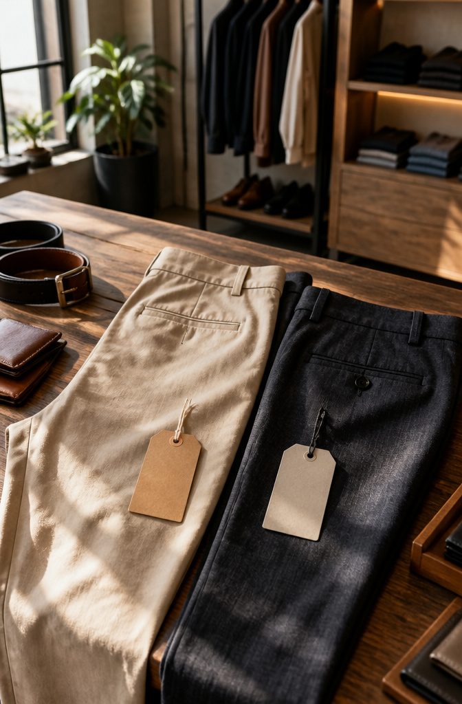 Chinos vs Dress Pants: 8 Clear Differences for 2026 6 Price tags hanging from a pair of chinos and a pair of dress pants.