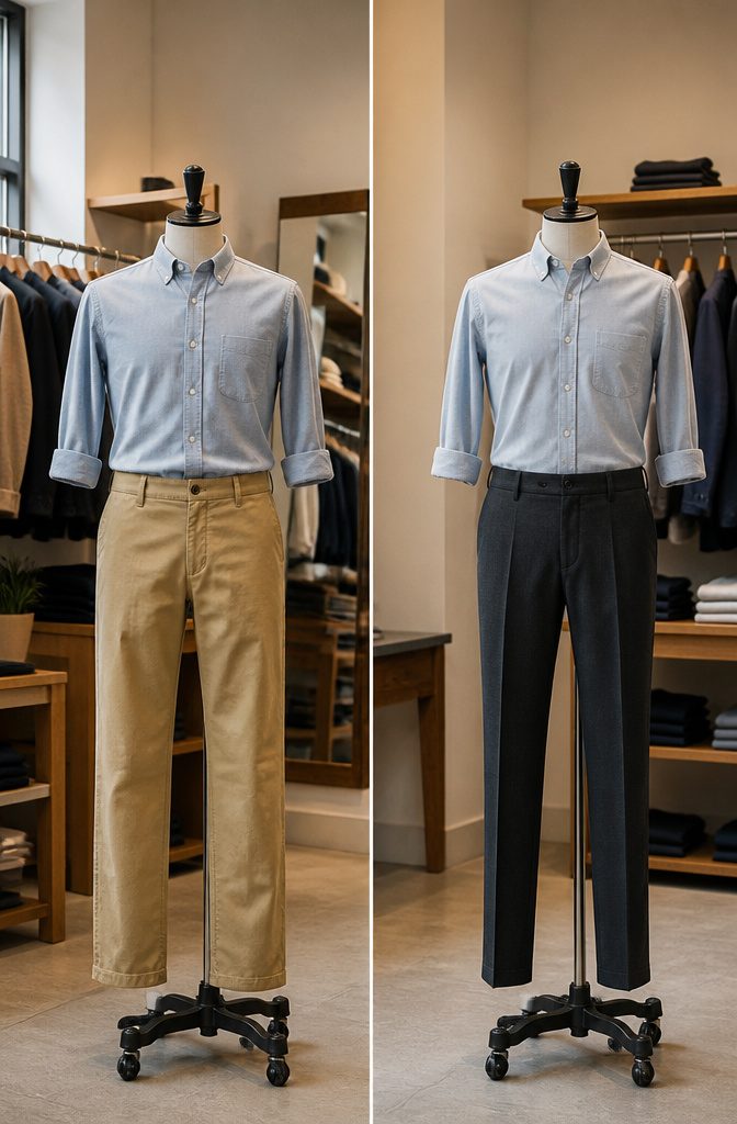 Chinos vs Dress Pants: 8 Clear Differences for 2026 3 A comparison of the fit of chinos and dress pants on a flat surface.
