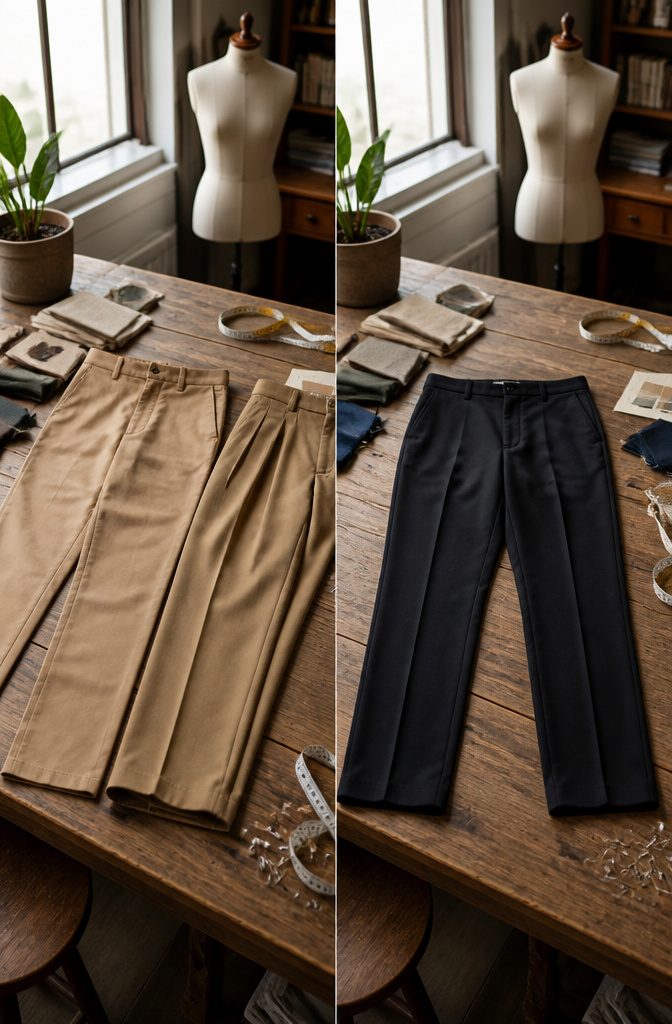 Chinos vs Dress Pants: 8 Clear Differences for 2026 10 Flat-front and pleated chinos and dress pants displayed side by side.
