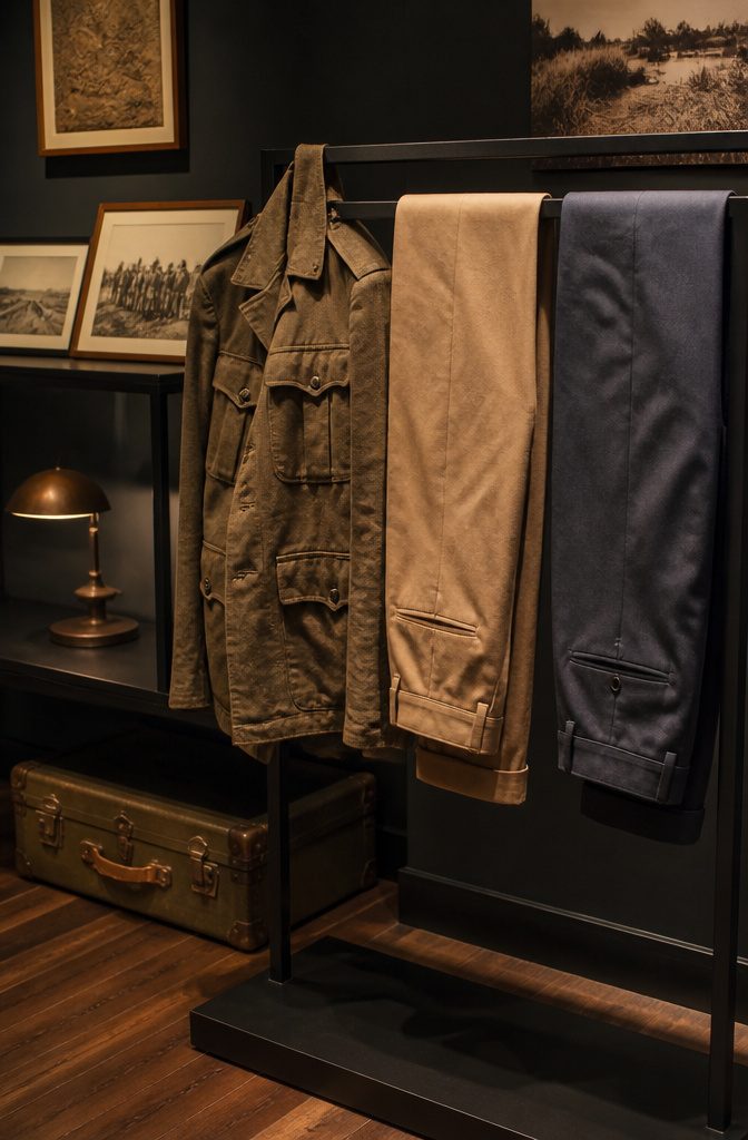 Chinos vs Dress Pants: 8 Clear Differences for 2026 11 An old military uniform next to modern chinos and dress pants.