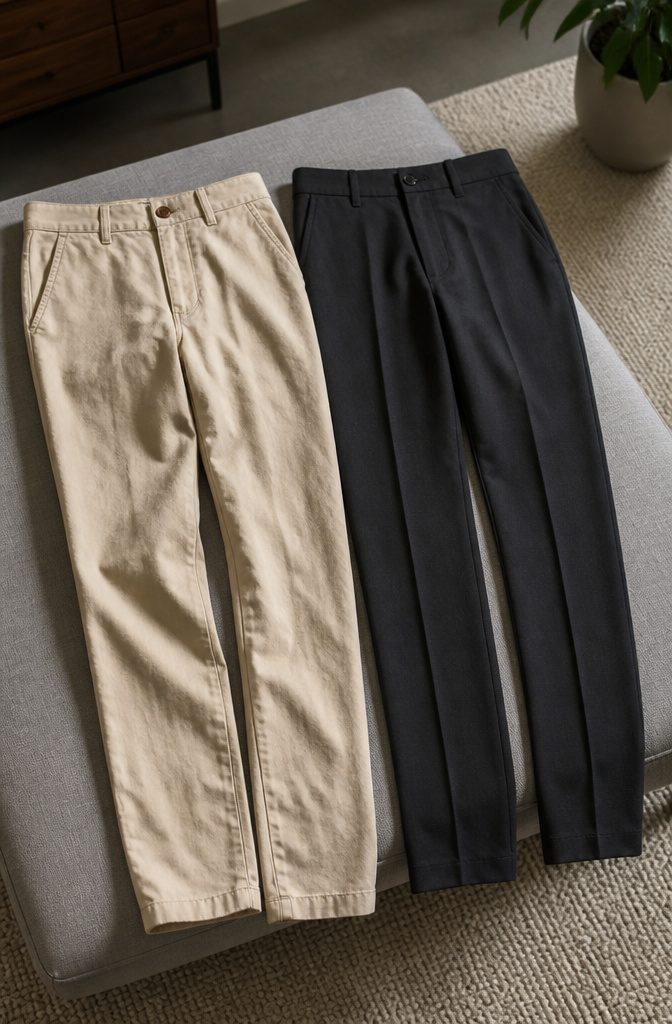 Chinos vs Dress Pants: 8 Clear Differences for 2026 2 A flat lay of cotton chinos next to wool dress pants, showing different textures.