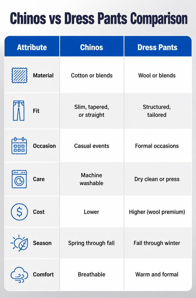 Chinos vs Dress Pants: 8 Clear Differences for 2026 12 A comparison chart detailing the attributes of chinos versus dress pants.