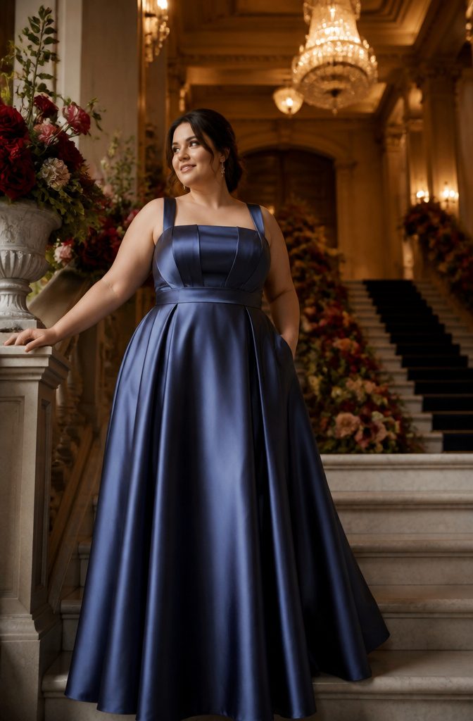 Plus Size Dresses for Women: 10 Styles That Actually Fit 9 A formal gown displayed on a mannequin in an elegant setting.