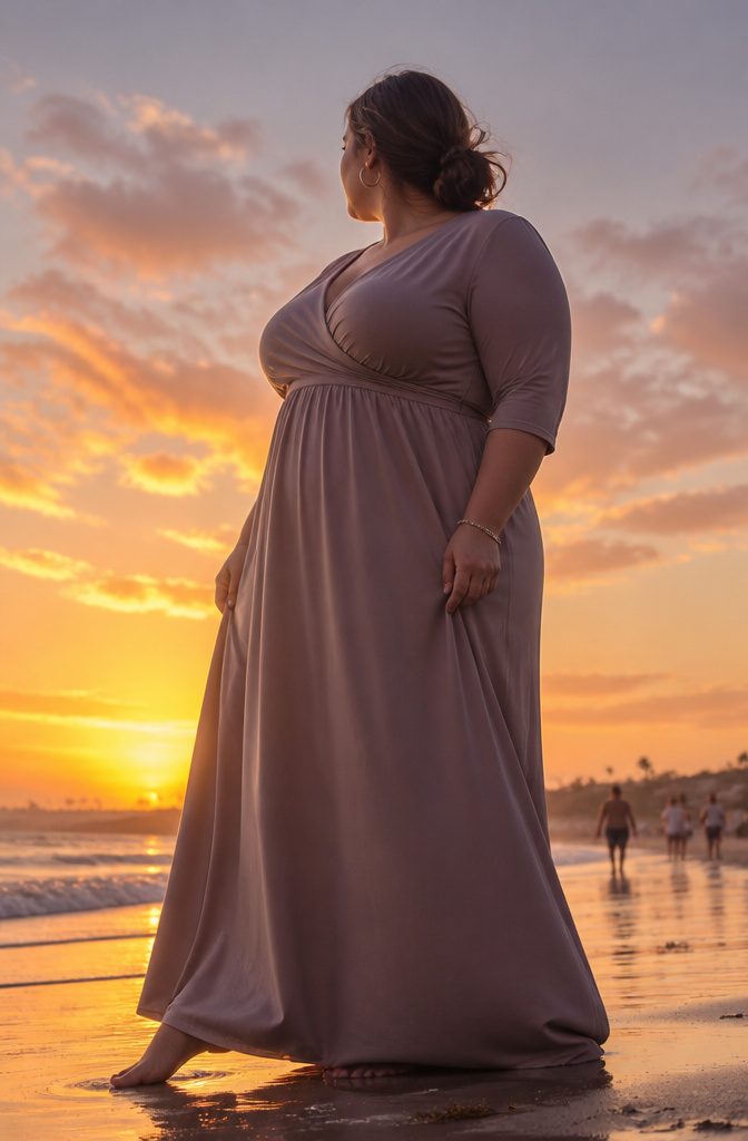 Plus Size Dresses for Women: 10 Styles That Actually Fit 4 A jersey maxi dress displayed on a mannequin in a boutique.