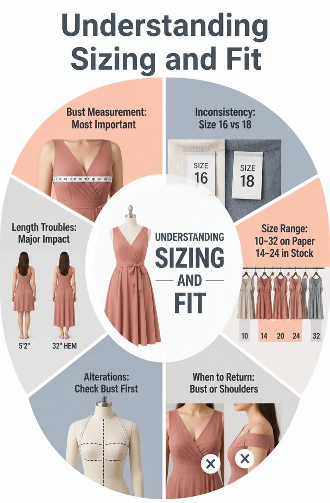 Plus Size Dresses for Women: 10 Styles That Actually Fit 14 An information graphic on sizing and fit for women's dresses.
