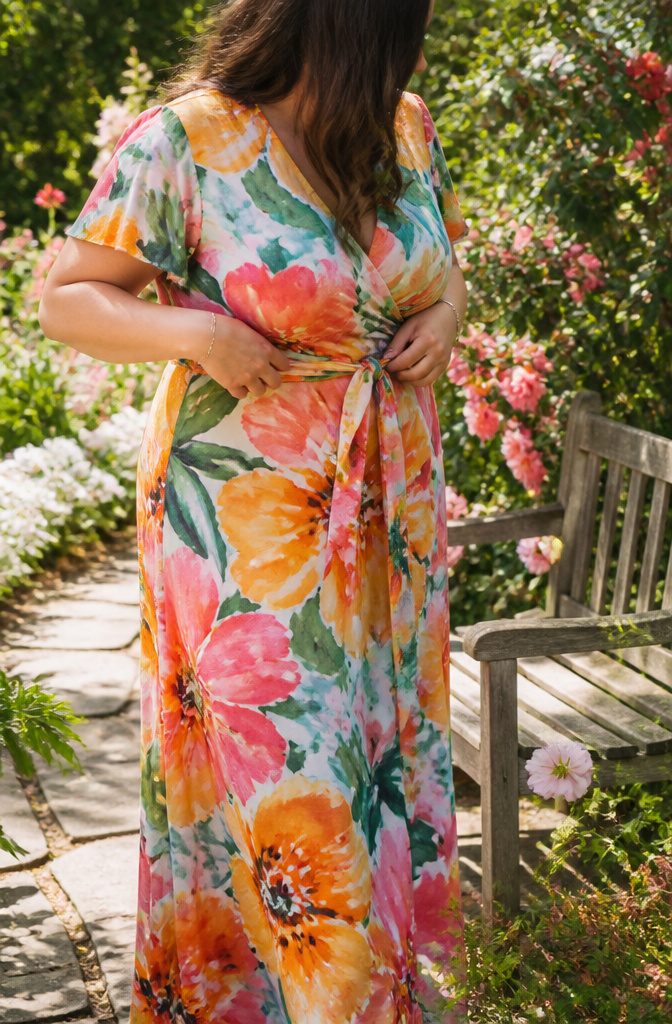 Plus Size Dresses for Women: 10 Styles That Actually Fit 6 A wrap dress displayed on a mannequin among flowers.