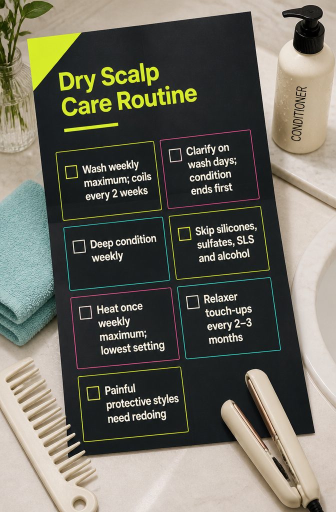 Dry Scalp Black Hair: Causes, Daily Care, and When to Get Help 4 Fashion graphic listing steps in a dry scalp care routine