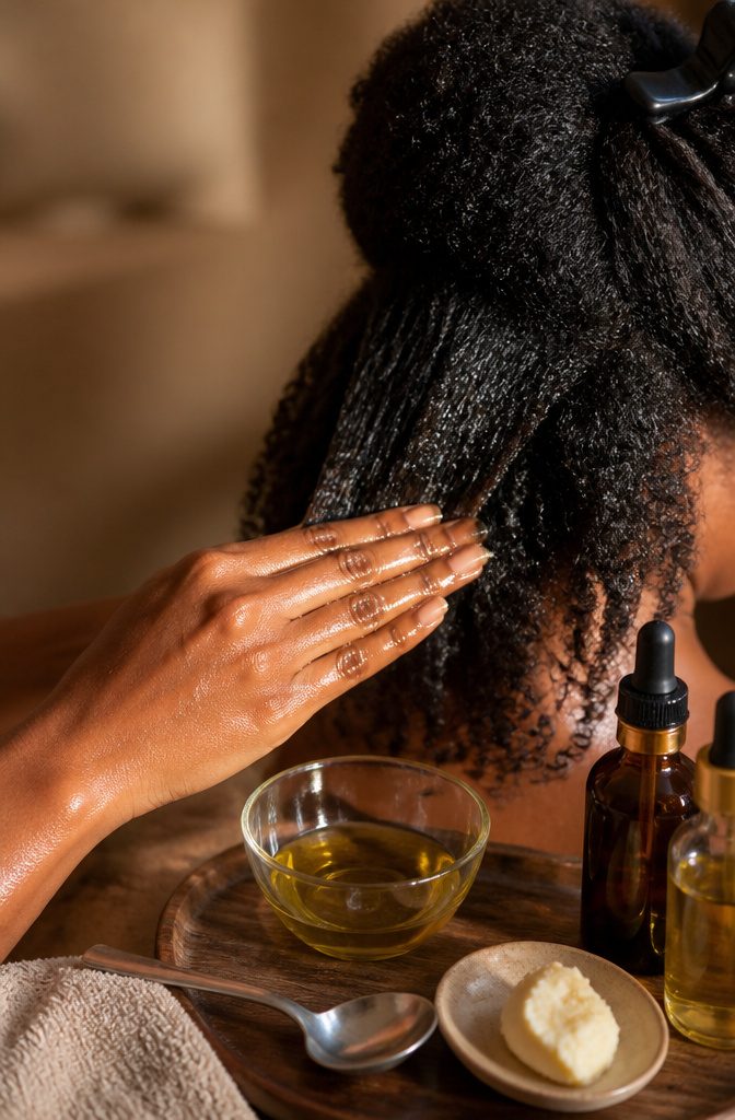 Dry Scalp Black Hair: Causes, Daily Care, and When to Get Help 8 Coiled black hair beside natural oils for scalp care
