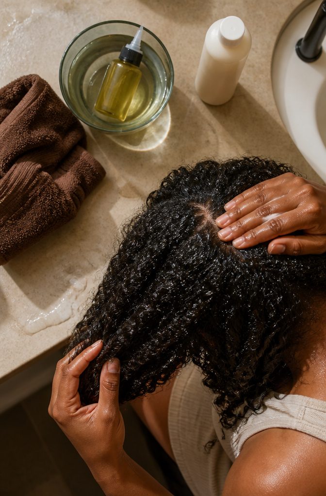 Dry Scalp Black Hair: Causes, Daily Care, and When to Get Help 5 Coiled black hair beside oils used for a hot oil scalp treatment