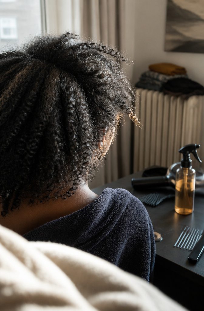 Dry Scalp Black Hair: Causes, Daily Care, and When to Get Help 2 Tightly coiled hair beside a heat-protectant bottle and styling tools