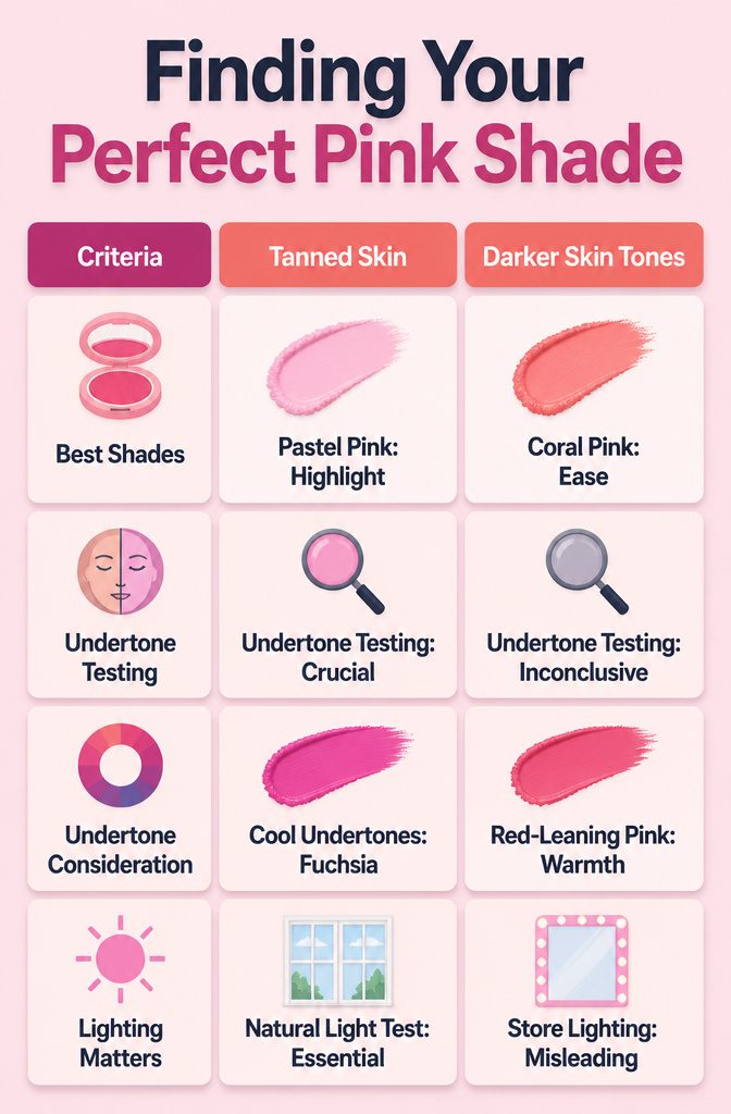 A guide titled 'Finding Your Perfect Pink Shade' with color swatches.