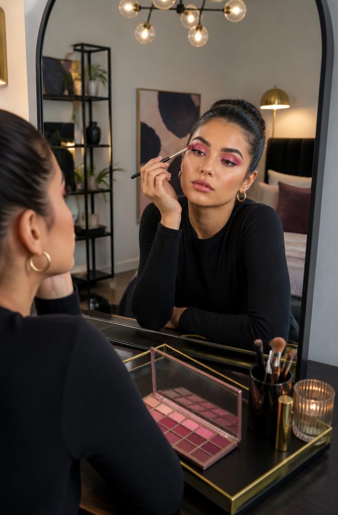Model with layered matte pinks creating a gradient effect on the eyelids.