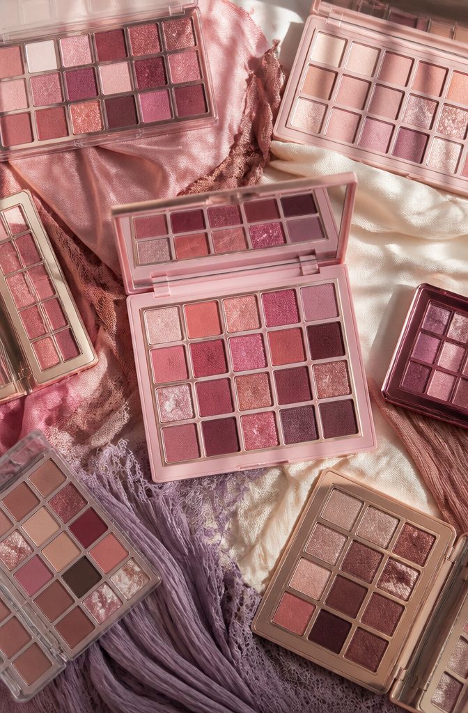 An open eyeshadow palette featuring various shades of pink and peach.