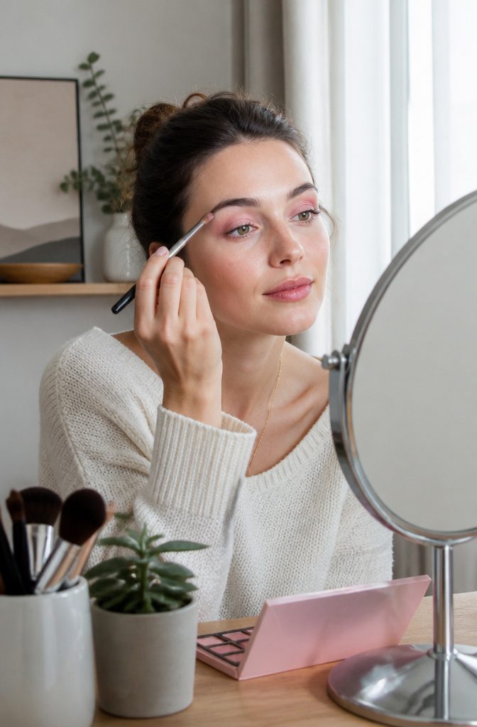 Model with a wash of matte pink shadow and soft gray along the lash lines.
