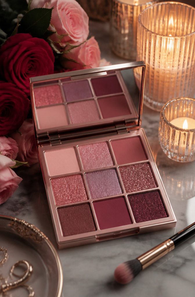 An open makeup palette with pink and metallic shades beside fresh roses.