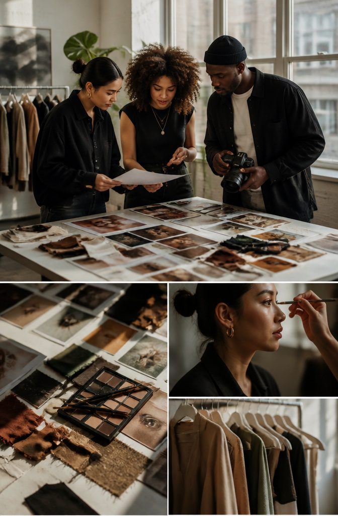 A team discussing concepts and ideas for an editorial shoot.