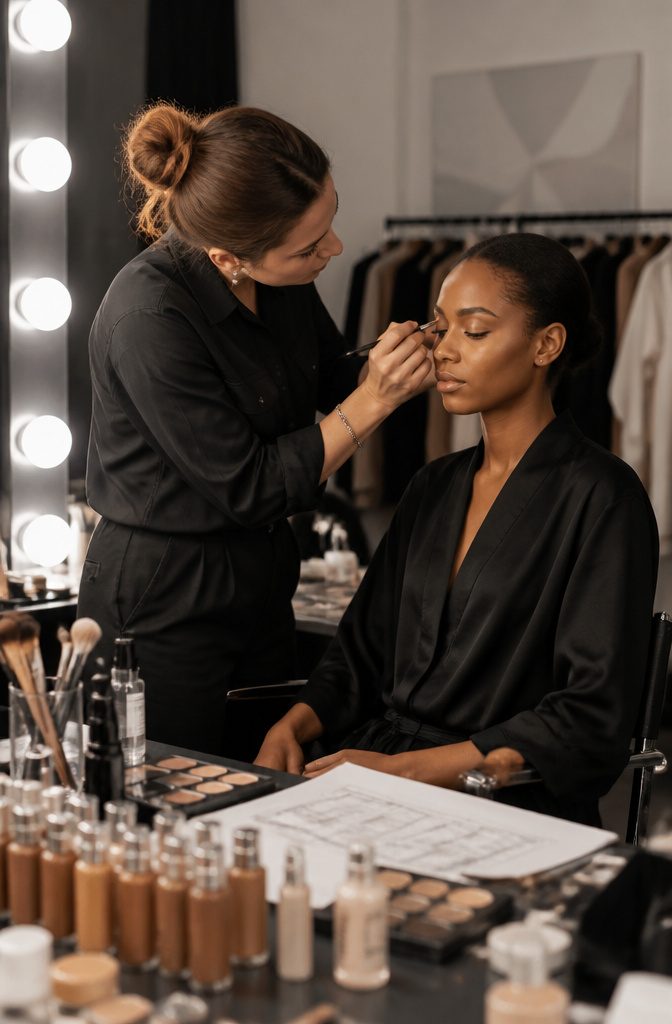 A makeup artist applying a minimalist look under tight scheduling conditions.