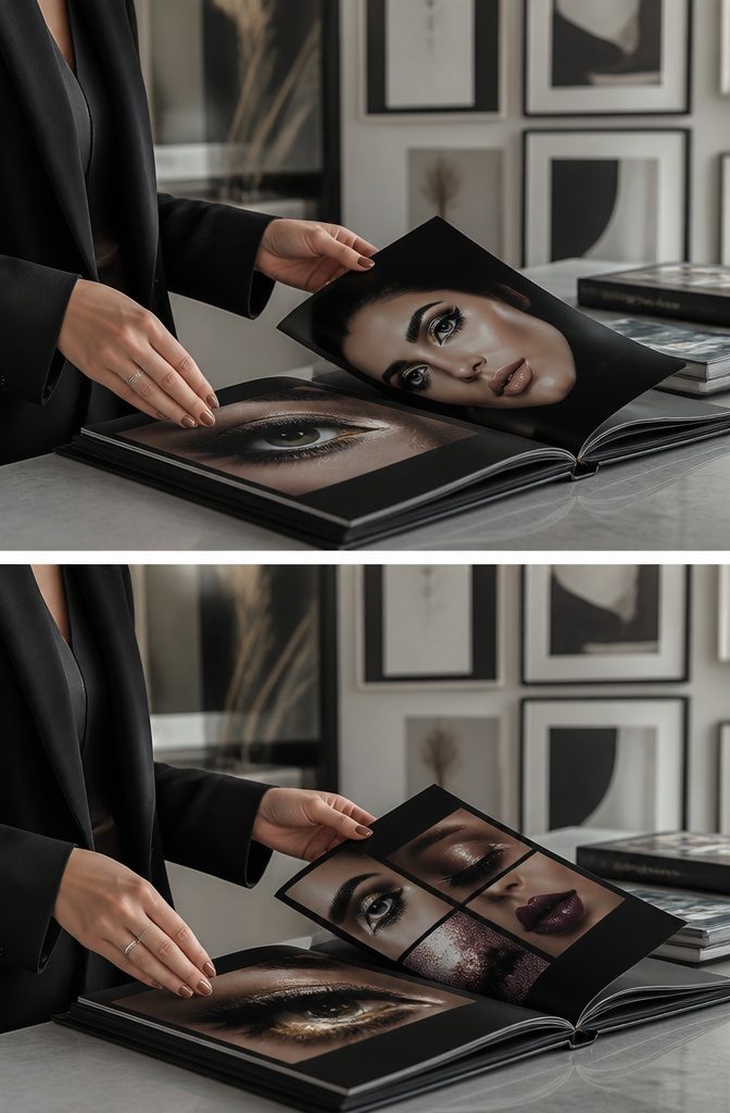 A portfolio layout displaying strong images of editorial makeup looks.