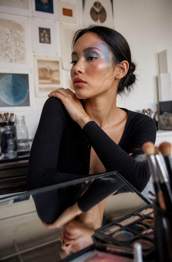 A model showcasing a bold editorial makeup look with creative textures.