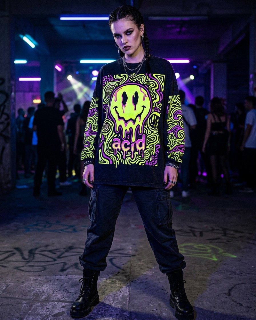 Woman wearing a neon glowing smiley face shirt and cargo pants in a club.