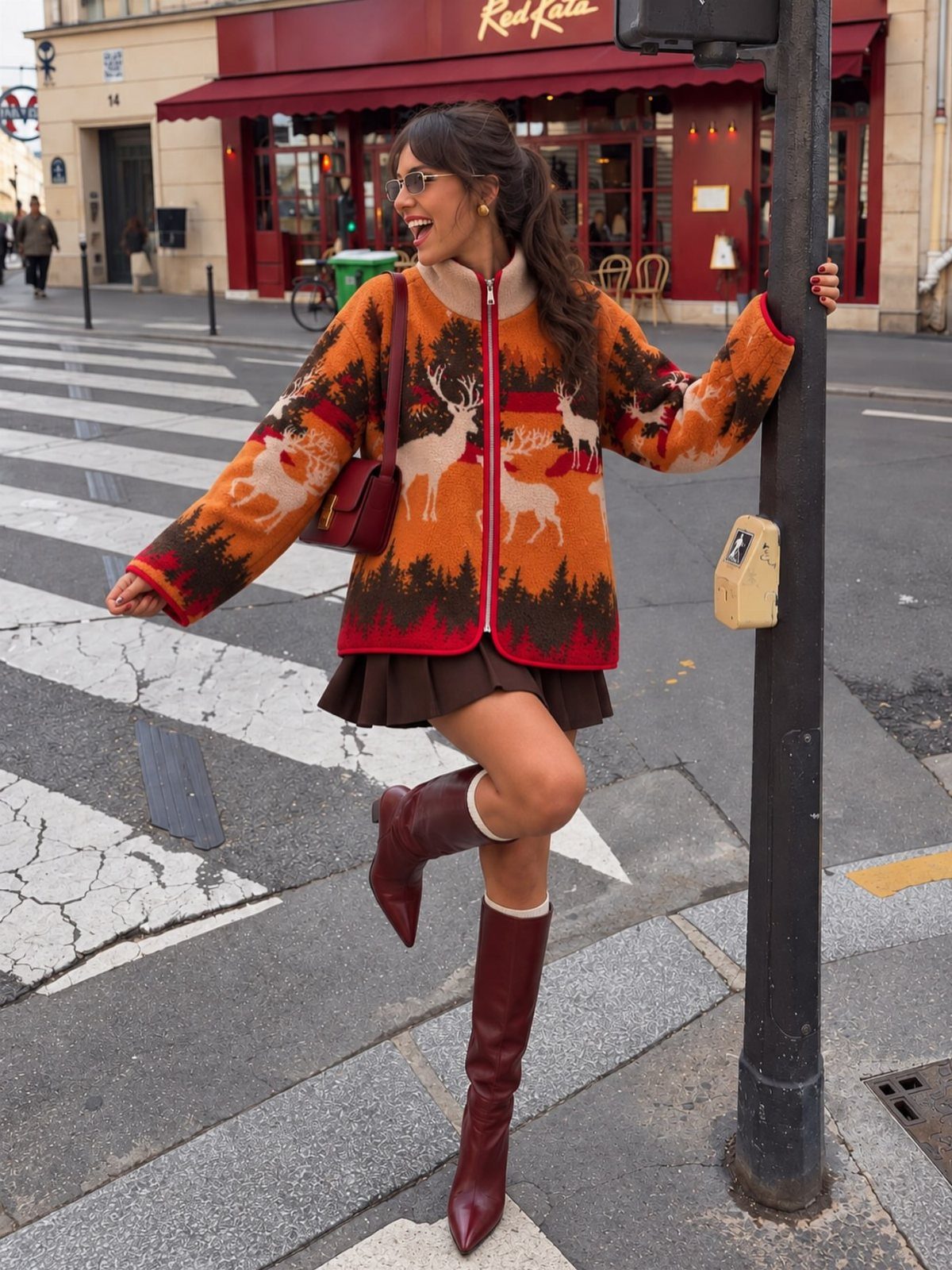 29 Fall Outfits Teens Can Copy, From Grunge to Cowgirl Looks 13 Woman in a reindeer pattern zip-up sweater, brown skirt, and burgundy boots on city street.
