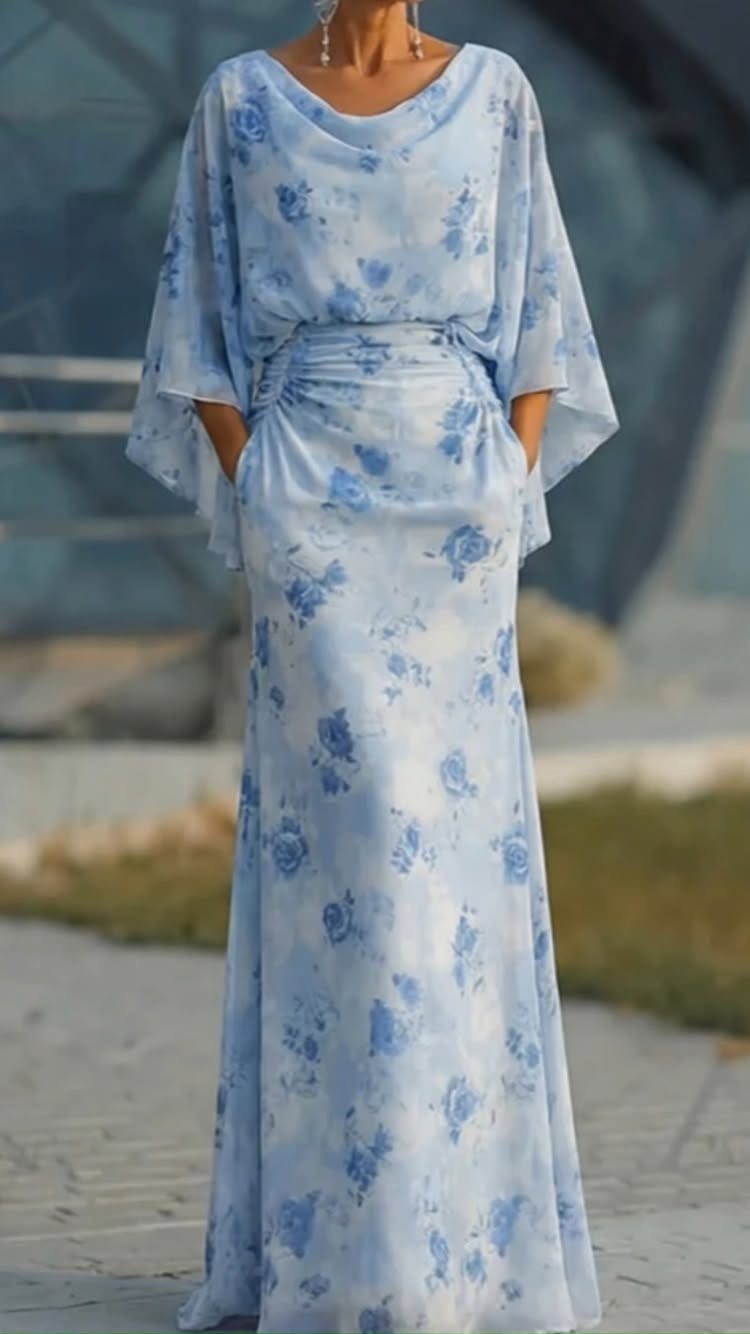 Formal Casual Dresses: 20 Ideas From Shirt Dresses to Velvet 12 Light blue floral maxi dress with a cowl neck and wide flowing sleeves.