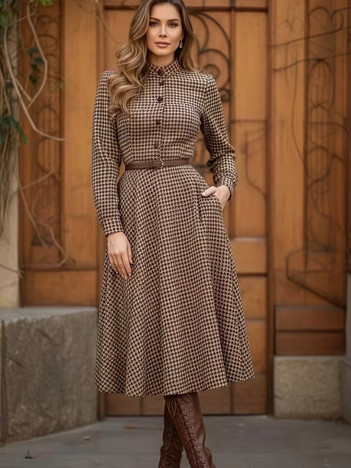 Formal Casual Dresses: 20 Ideas From Shirt Dresses to Velvet 11 Woman in a brown houndstooth midi dress with a high neck and brown boots.