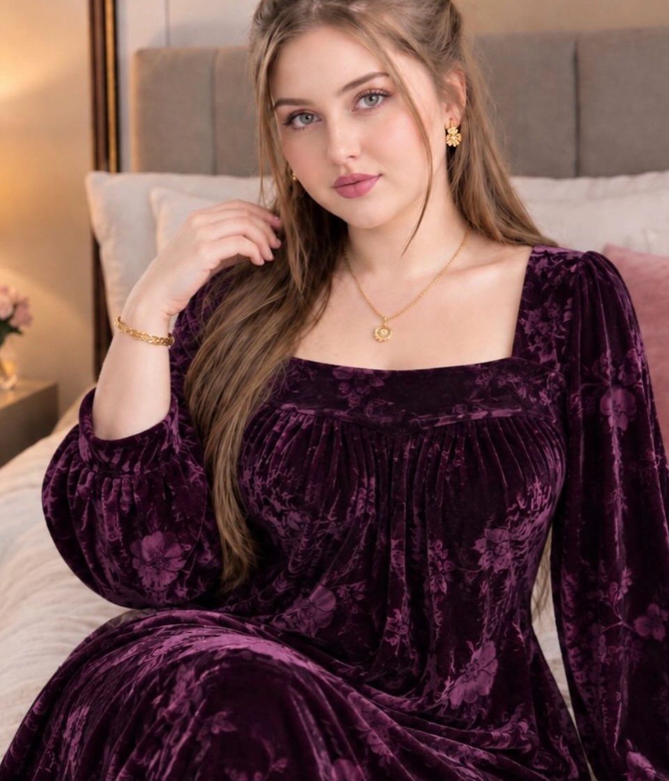 Formal Casual Dresses: 20 Ideas From Shirt Dresses to Velvet 9 Woman wearing a deep purple floral velvet dress with long puffed sleeves.