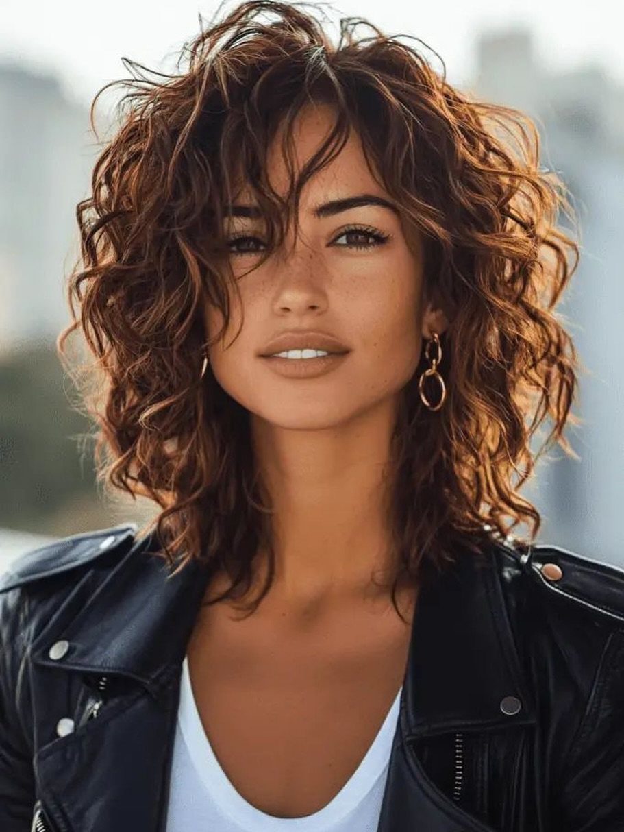 16 Good Hairstyles for Curly Hair, From Pixie to Long Layers 17 Woman with a curly lob hairstyle and bangs wearing a black leather jacket.