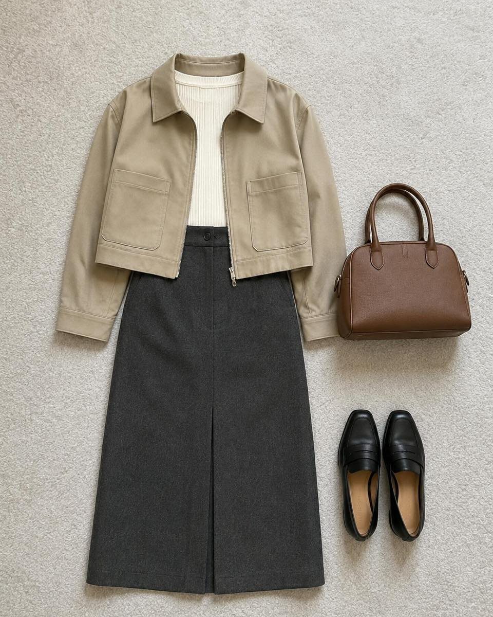18 Gray Skirt Outfit Ideas From Mini to Maxi and Satin 17 Gray midi skirt paired with a tan jacket, cream top, and brown handbag.