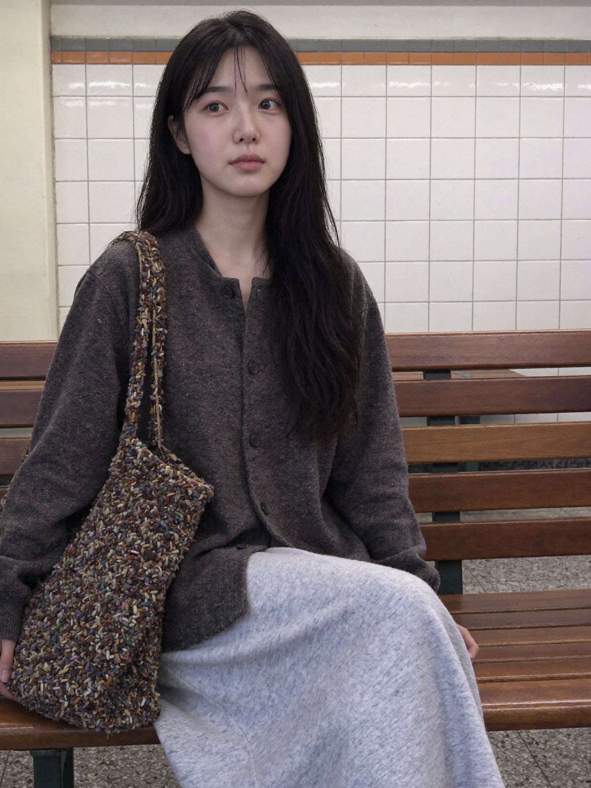 18 Gray Skirt Outfit Ideas From Mini to Maxi and Satin 16 Woman sitting on a wooden bench wearing a gray skirt and dark gray cardigan.