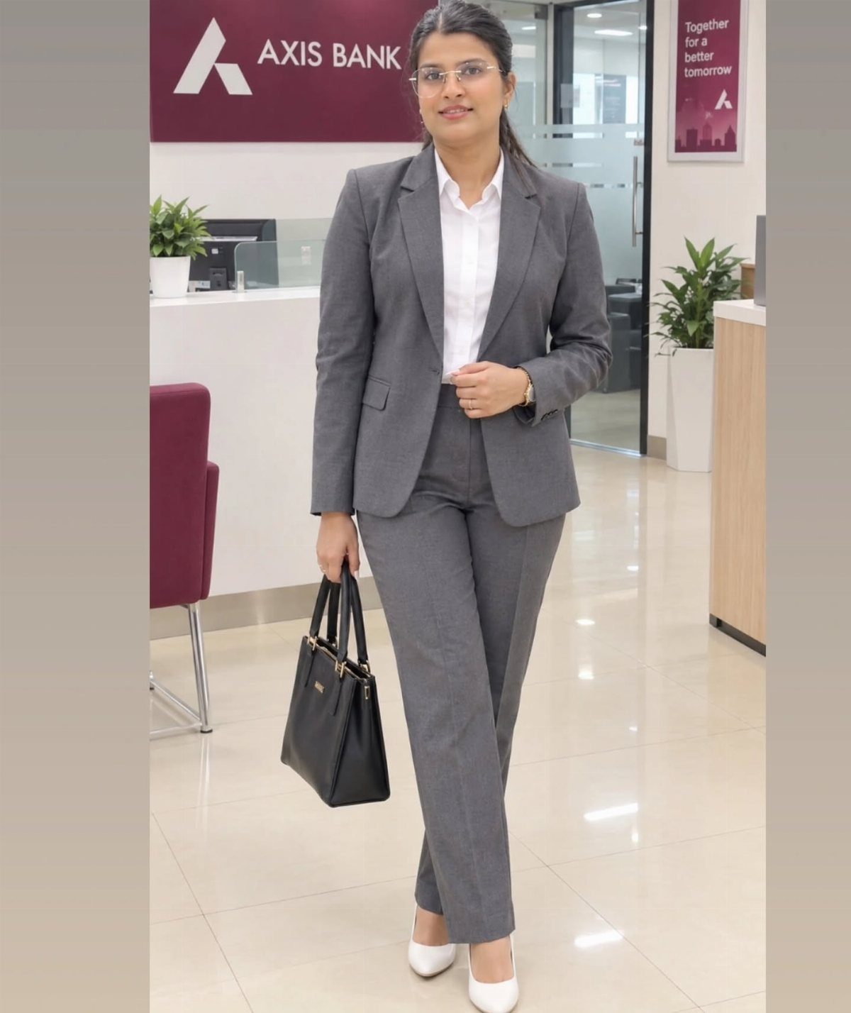 10 Grey Dress Pants Outfit Ideas for Work and Weekends 2 Woman wearing a grey blazer, grey dress pants, and white blouse in a bank.