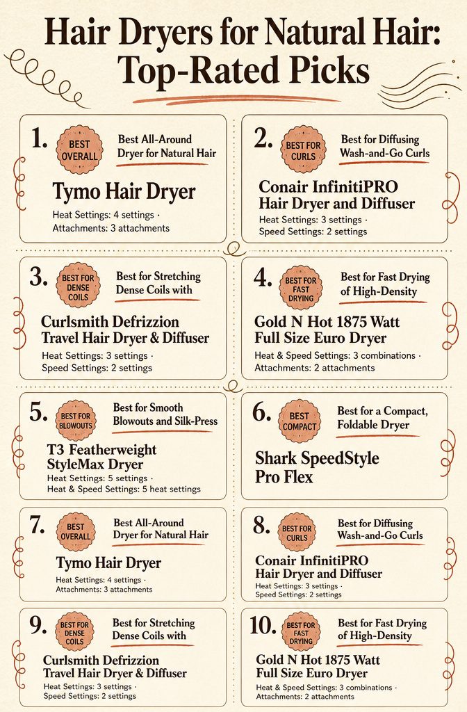 Comparison infographic listing ten natural-hair dryers with product names and specifications